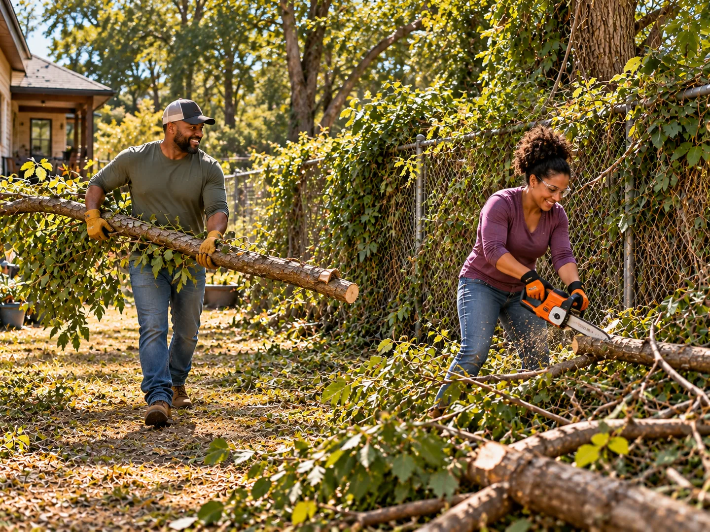 Couple clearing tree branches from their backyard, with the husband carrying a large limb while his wife uses a small chainsaw to cut debris into manageable sections for dumpster disposal.