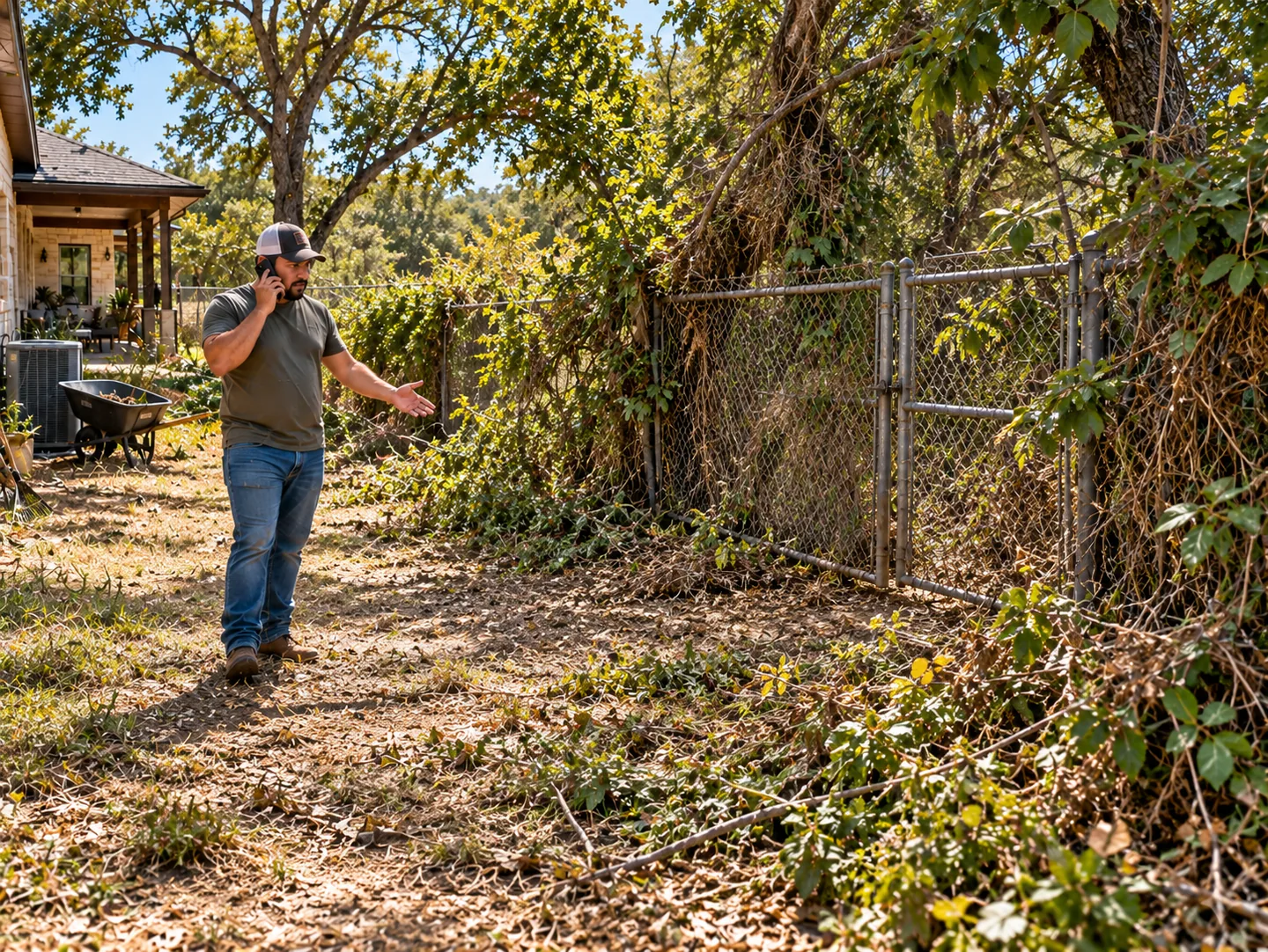 Hispanic homeowner talking on the phone while inspecting an overgrown chain-link fence covered in vines and trees, planning brush removal and dumpster rental for his Bastrop County property.