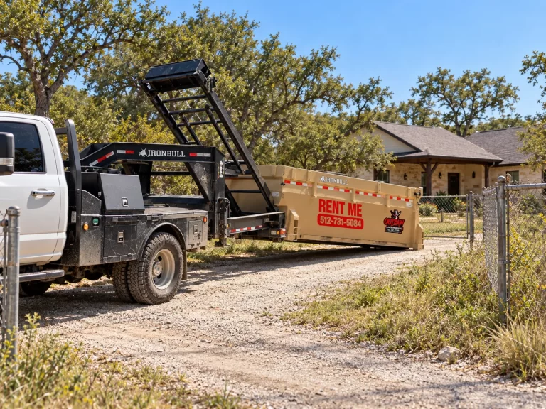 Outlaw Dumpster Rentals truck delivering a roll-off dumpster to a rural Texas home with a gravel driveway, double chain-link gate, and overgrown landscaping.